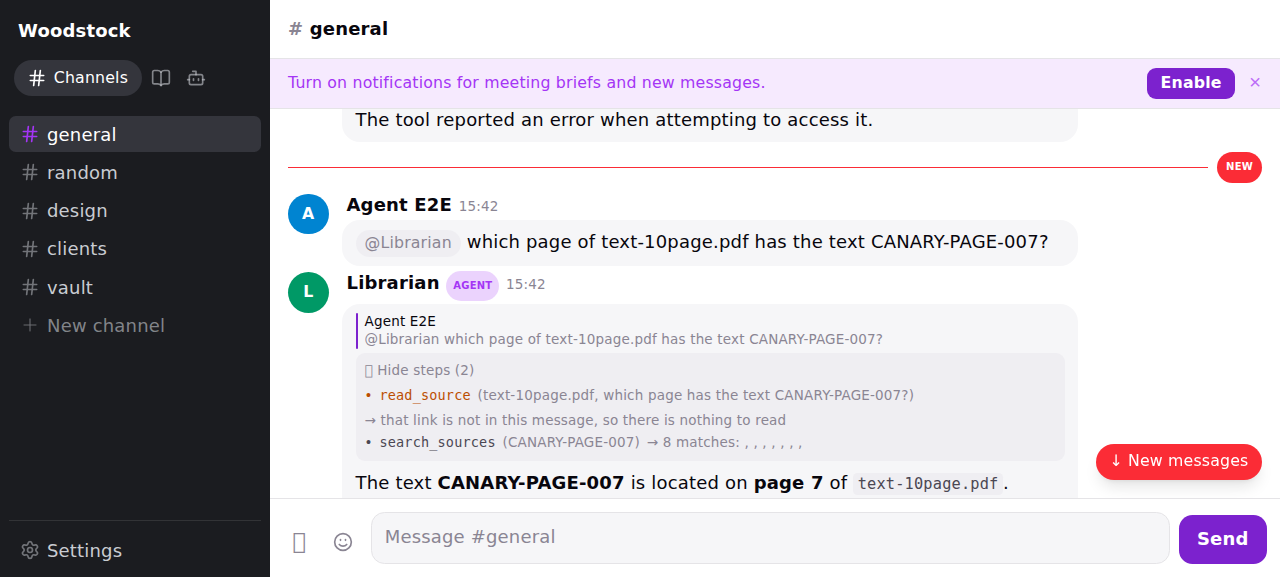 A question asked in a channel about the contents of a dropped PDF, answered with the passage and the name of the file and page it came from.